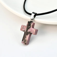 Load image into Gallery viewer, Leather Stone Cross Necklace