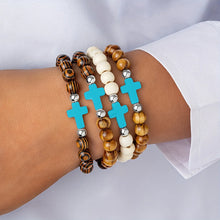Load image into Gallery viewer, 4 Piece Bohemian Seascape Cross Drift Wood Bead Bracelet Set
