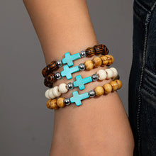 Load image into Gallery viewer, 4 Piece Bohemian Seascape Cross Drift Wood Bead Bracelet Set
