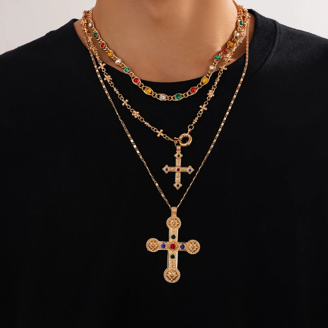 18K Gold Plated Priest Stacked Cross Chain Set
