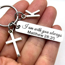 Load image into Gallery viewer, Matthew 28:20 Custom Letter Stainless Steel Cross Keychain
