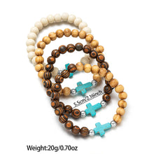 Load image into Gallery viewer, 4 Piece Bohemian Seascape Cross Drift Wood Bead Bracelet Set

