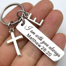 Load image into Gallery viewer, Matthew 28:20 Custom Letter Stainless Steel Cross Keychain
