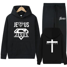 Load image into Gallery viewer, Believe Jesus Saves Superhero Jogger Set With Hood
