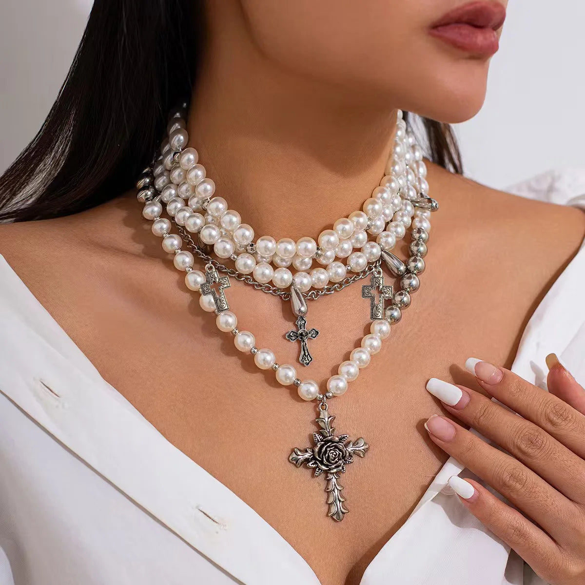Kingdom Rose Cross Synthetic Stacked Pearl Necklace – Chosen Harvest