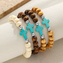 Load image into Gallery viewer, 4 Piece Bohemian Seascape Cross Drift Wood Bead Bracelet Set

