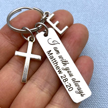 Load image into Gallery viewer, Matthew 28:20 Custom Letter Stainless Steel Cross Keychain

