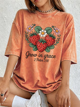Load image into Gallery viewer, 2 Peter 3:18 Grow In Grace Strawberry Patch Cotton Tshirt
