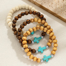 Load image into Gallery viewer, 4 Piece Bohemian Seascape Cross Drift Wood Bead Bracelet Set
