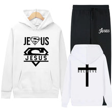 Load image into Gallery viewer, Believe Jesus Saves Superhero Jogger Set With Hood
