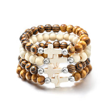 Load image into Gallery viewer, 4 Piece Sea Drift Wood Bead Cross Bracelet Set

