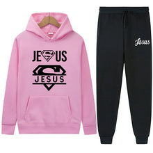 Load image into Gallery viewer, Believe Jesus Saves Superhero Jogger Set With Hood
