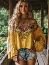 Load image into Gallery viewer, Golden Bohemian Flare Sleeve Blouse
