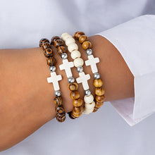 Load image into Gallery viewer, 4 Piece Sea Drift Wood Bead Cross Bracelet Set
