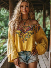 Load image into Gallery viewer, Golden Bohemian Flare Sleeve Blouse
