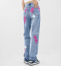 Load image into Gallery viewer, Crucified in Christ Distressed, Washed, Embroidered Cross Women&#39;s Jeans
