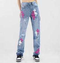 Load image into Gallery viewer, Crucified in Christ Distressed, Washed, Embroidered Cross Women&#39;s Jeans
