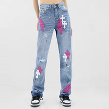 Load image into Gallery viewer, Crucified in Christ Distressed, Washed, Embroidered Cross Women&#39;s Jeans
