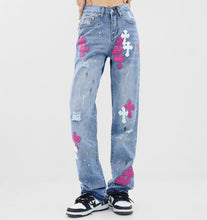 Load image into Gallery viewer, Crucified in Christ Distressed, Washed, Embroidered Cross Women&#39;s Jeans
