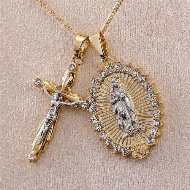 18K Jesus and Mary Immaculate Conception Free of Sin Gold Plated Necklace