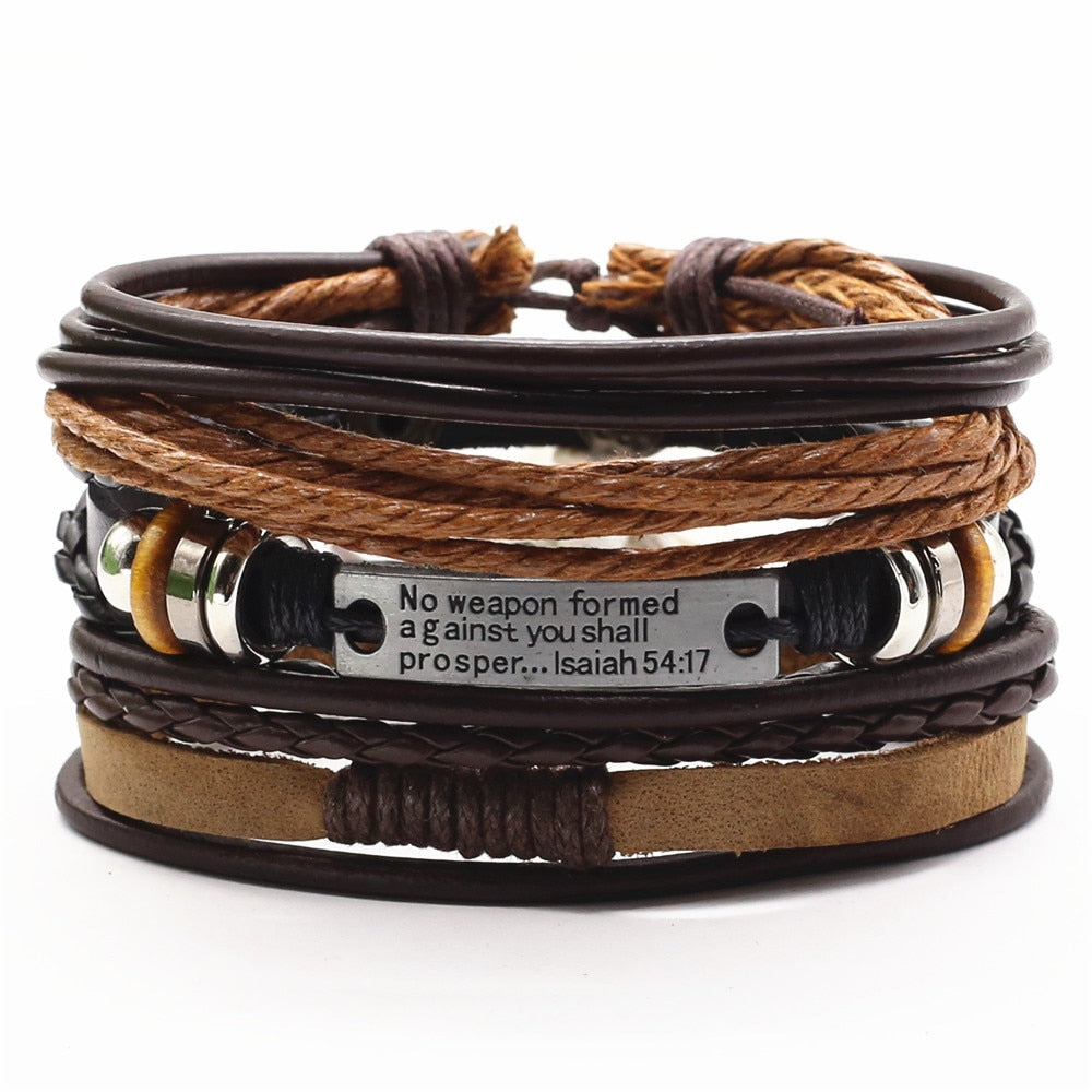 No Weapon Formed Isaiah 54:17 Men's Leather Bracelet Set