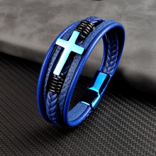 Load image into Gallery viewer, NAME CUSTOMIZATION AVAILABLE Bold Cross Stainless Steel Patina Leather Fashion Bracelet
