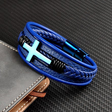 Load image into Gallery viewer, NAME CUSTOMIZATION AVAILABLE Bold Cross Stainless Steel Patina Leather Fashion Bracelet
