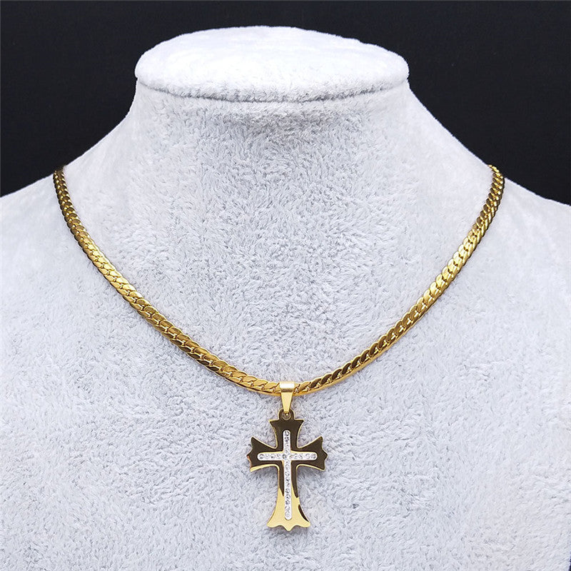 Stainless Steel 18K Gold Plated Carry the Cross Choker Chain Necklace